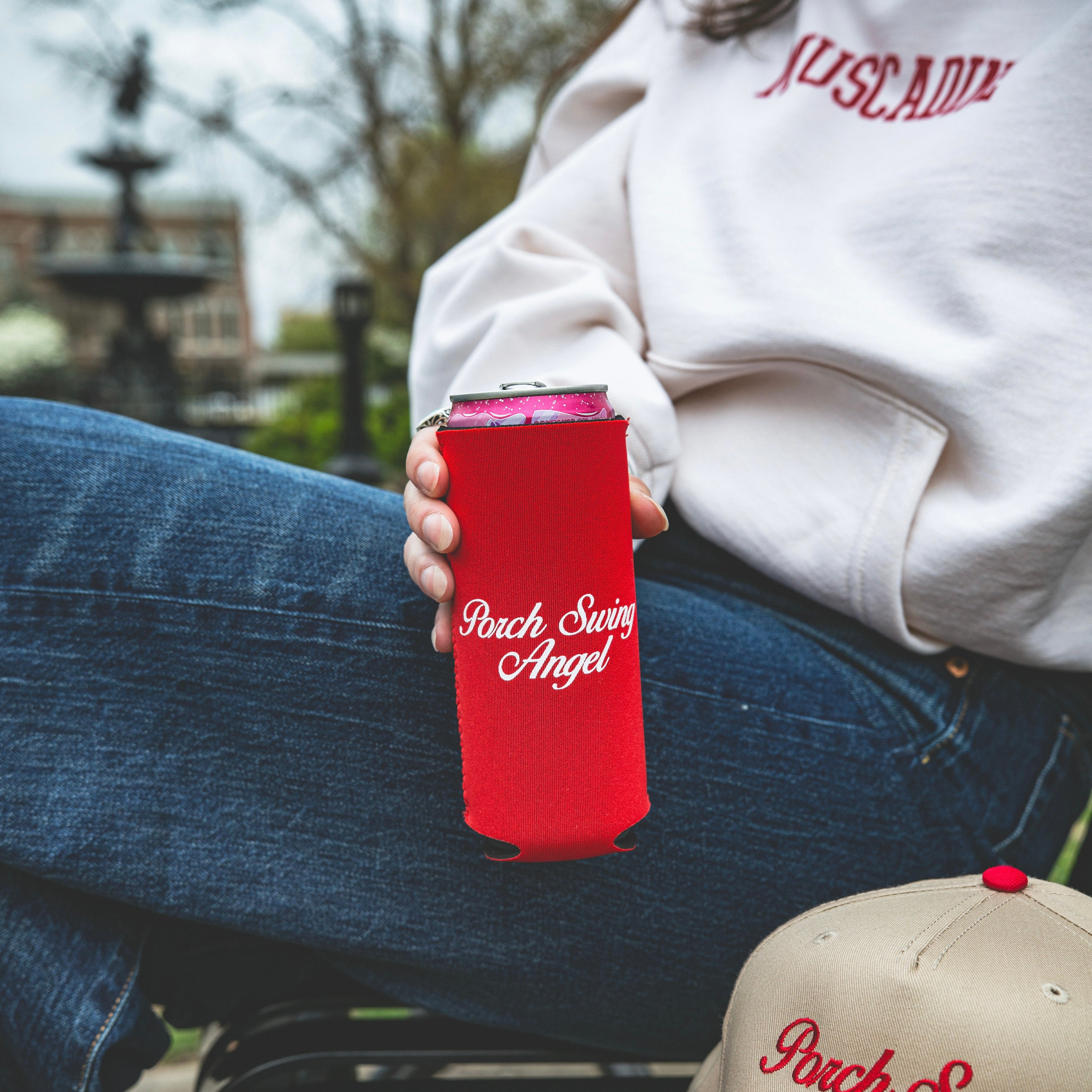 Porch Swing Angel Slim Can Koozie
